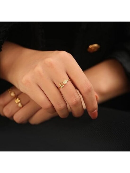 INITIAL RING  Letter J Gold Heart Initial Ring Silver Rose Gold Plated Ring